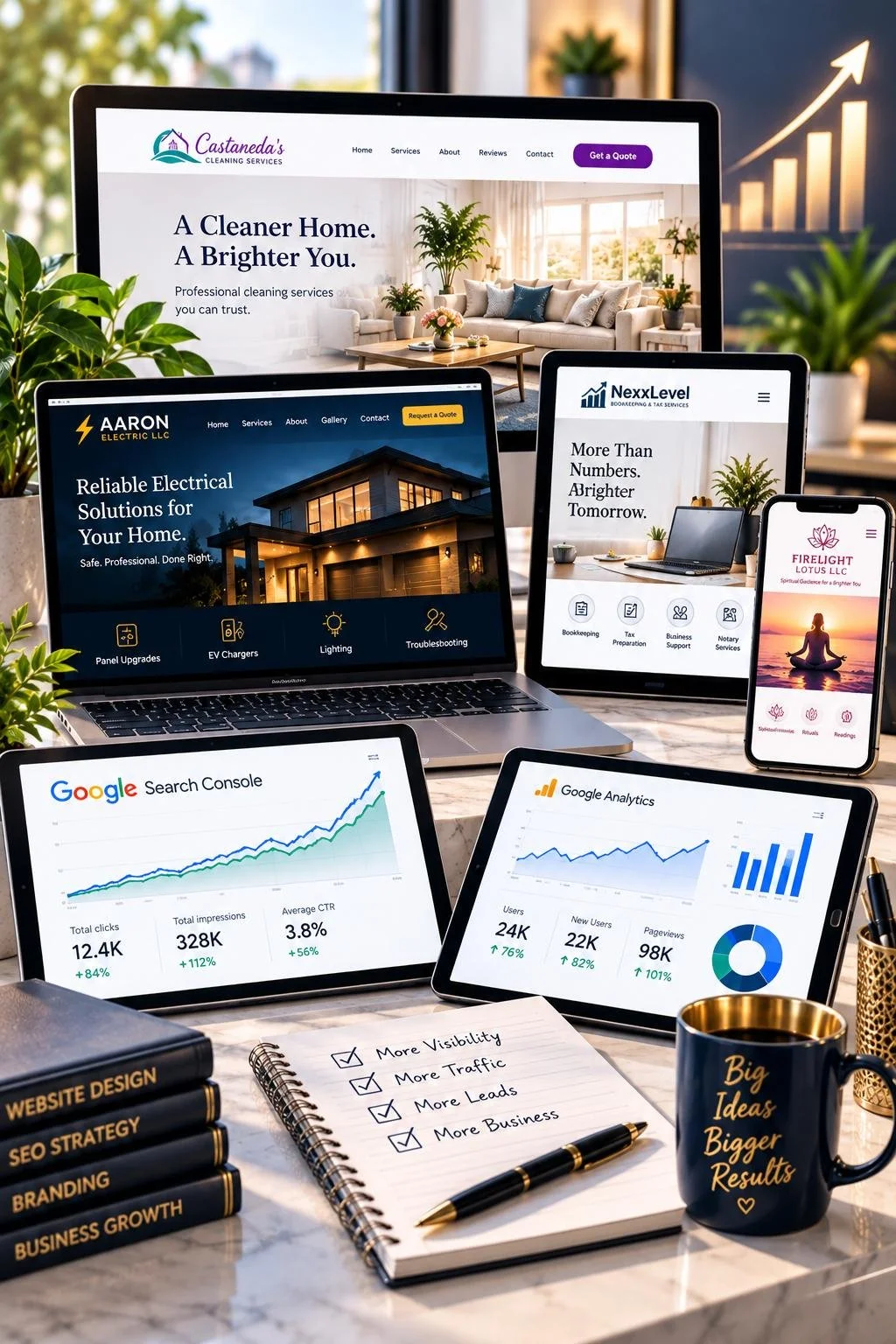 Web Trending Solutions website designs and SEO growth reports showing improved search visibility, traffic, and business performance.