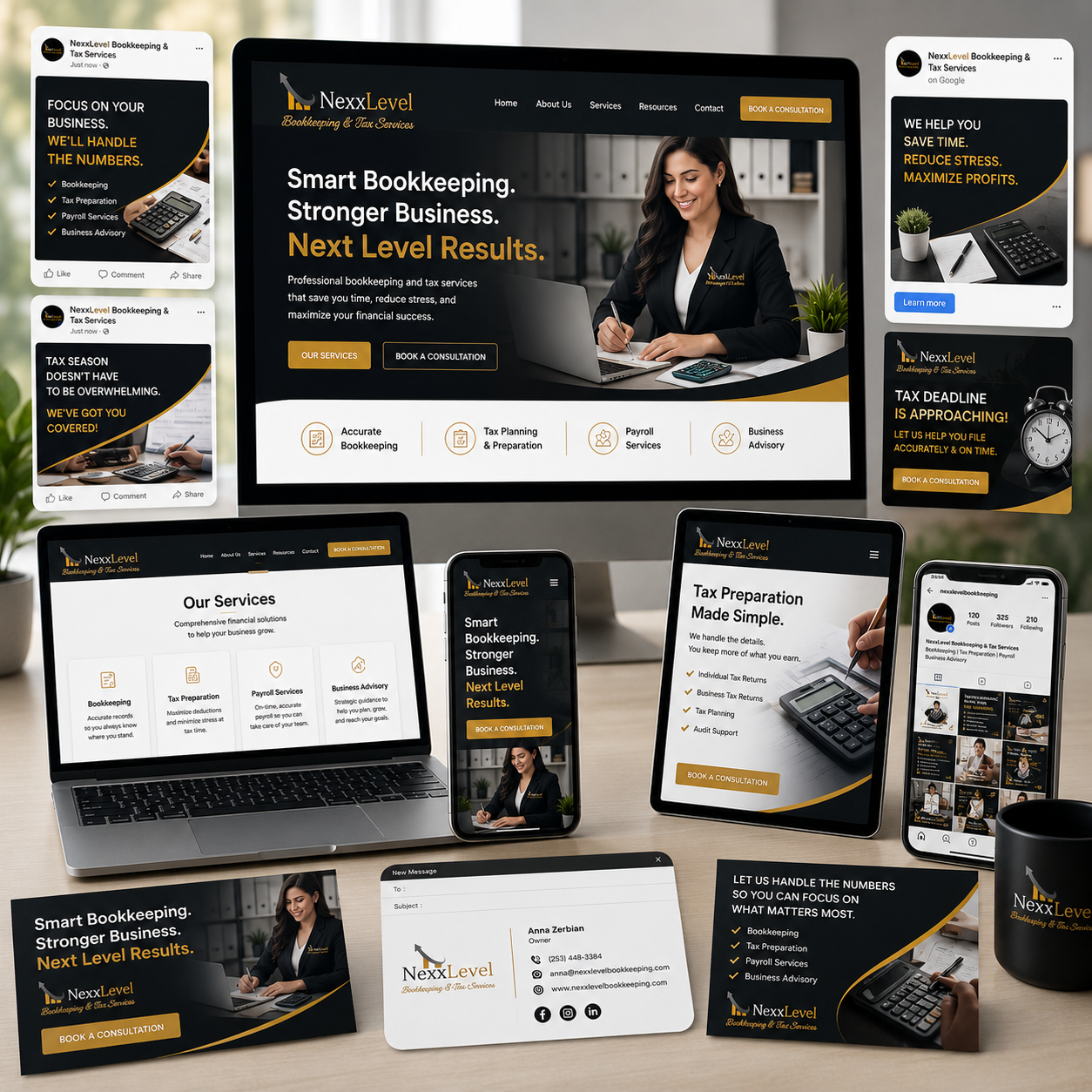 Digital branding design services featuring a professionally designed website, mobile experience, social media graphics, and online marketing assets created for NexxLevel Bookkeeping & Tax Services.