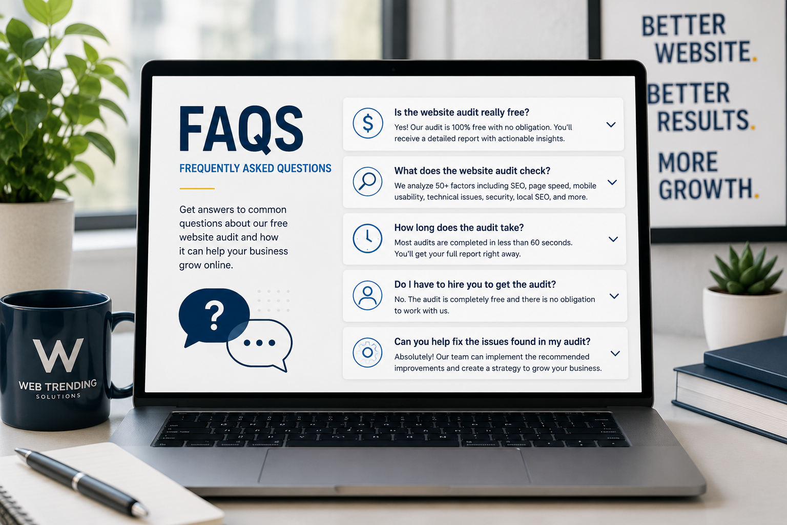 Frequently asked questions about free website audits displayed on a laptop, helping business owners understand SEO reports, website performance, and optimization recommendations.