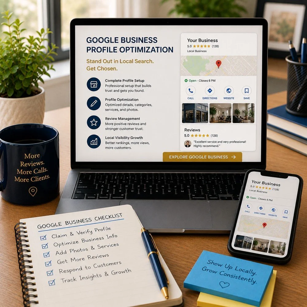 Google Business Profile optimization workspace showing local listings, customer reviews, maps, and tools for improving local visibility.