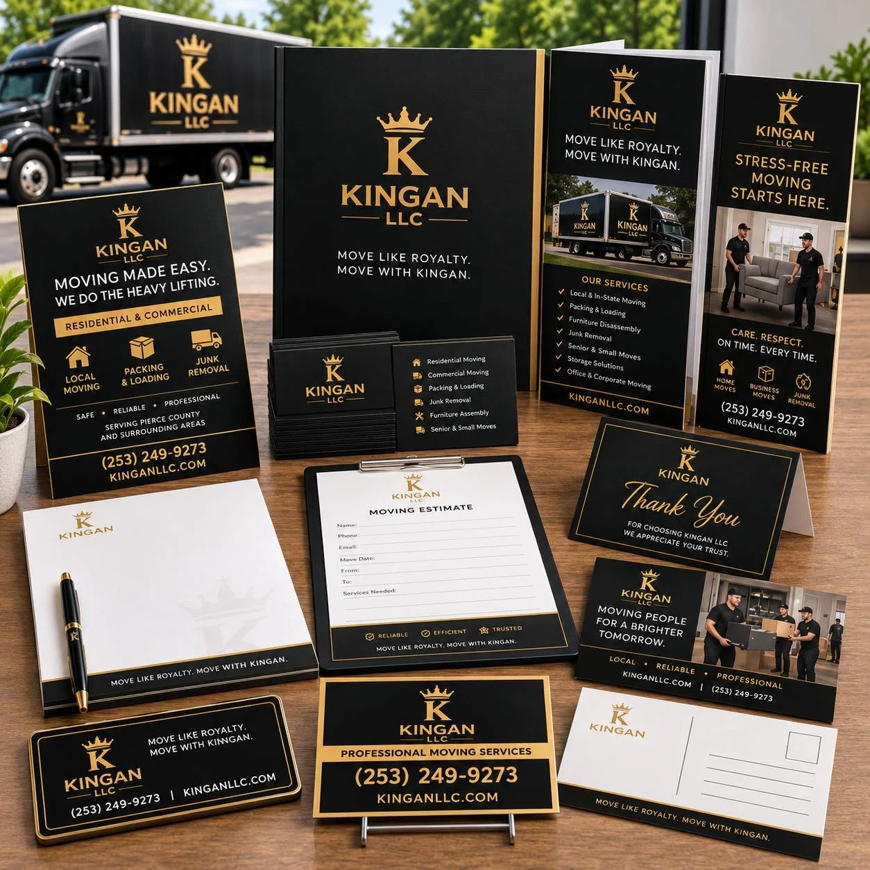 Print and marketing materials in Tacoma and Pierce County by Web Trending Solutions featuring custom branded materials created for Kingan LLC.