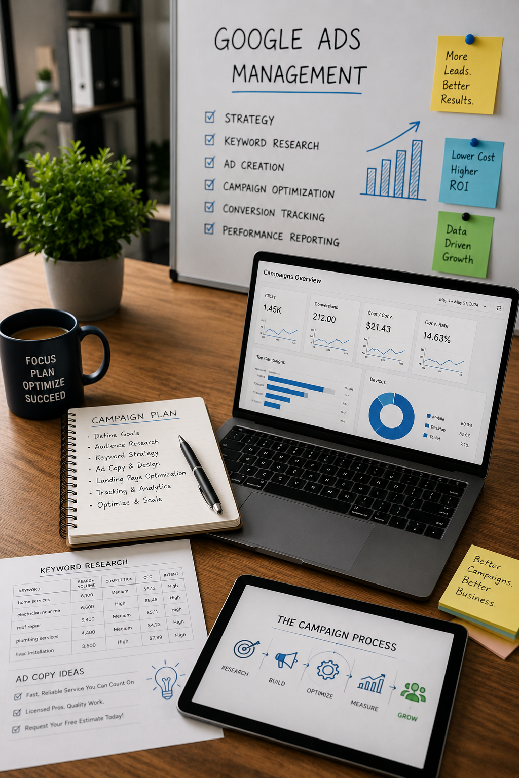 Google Ads campaign strategy workspace with performance dashboards, keyword planning, advertising reports, and campaign optimization tools to improve lead generation and maximize return on investment.