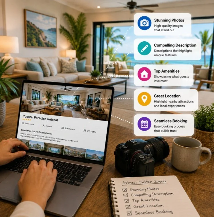 Short-term rental optimization in Olympia WA featuring professional photography, compelling property descriptions, highlighted amenities, and easier online booking.