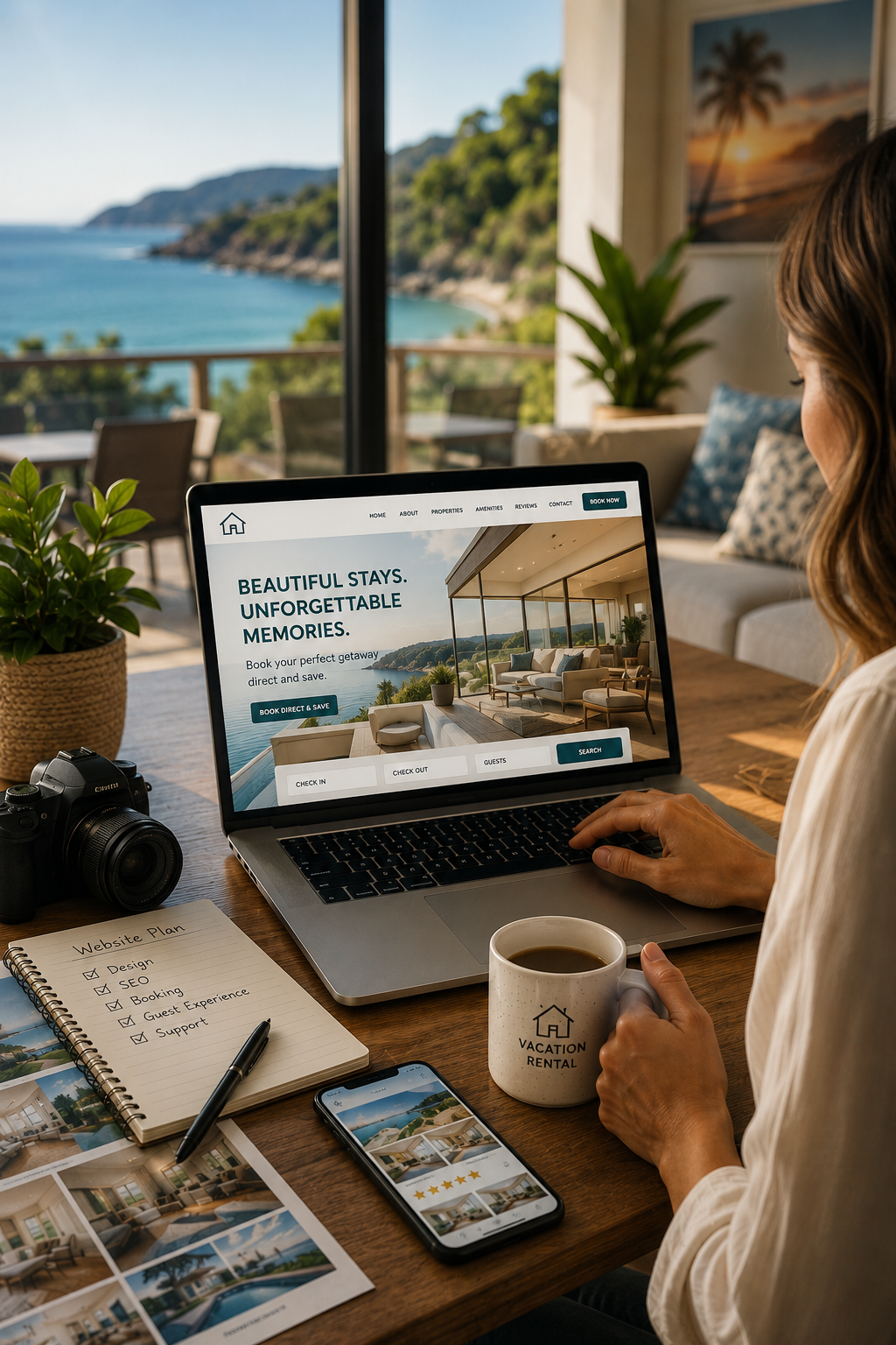 Professional designer creating a vacation property rental website with property photos, direct booking strategy, and SEO planning to help owners increase online visibility and direct reservations.