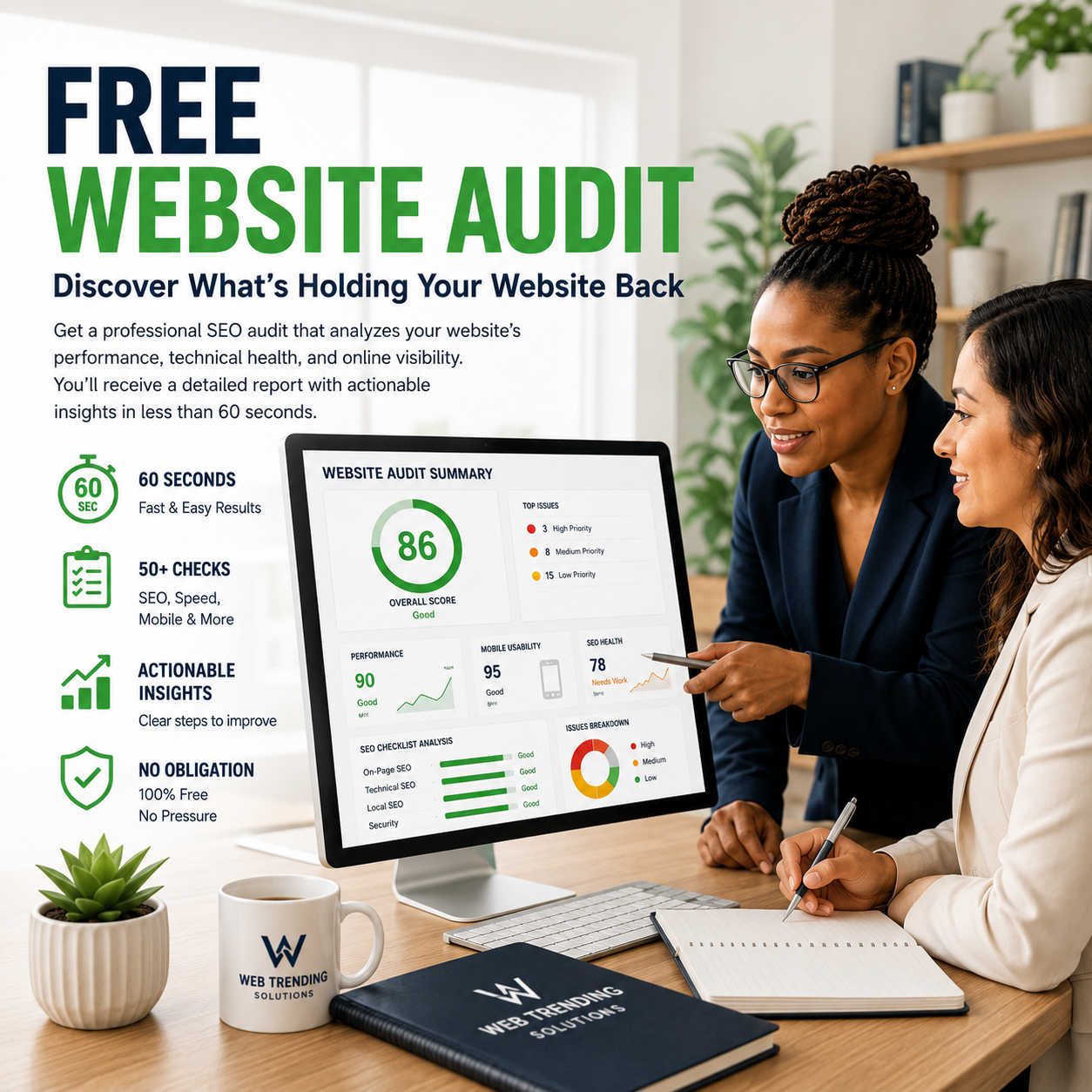 Marketing specialists reviewing a free website audit with SEO analysis, technical insights, and performance recommendations for business growth.