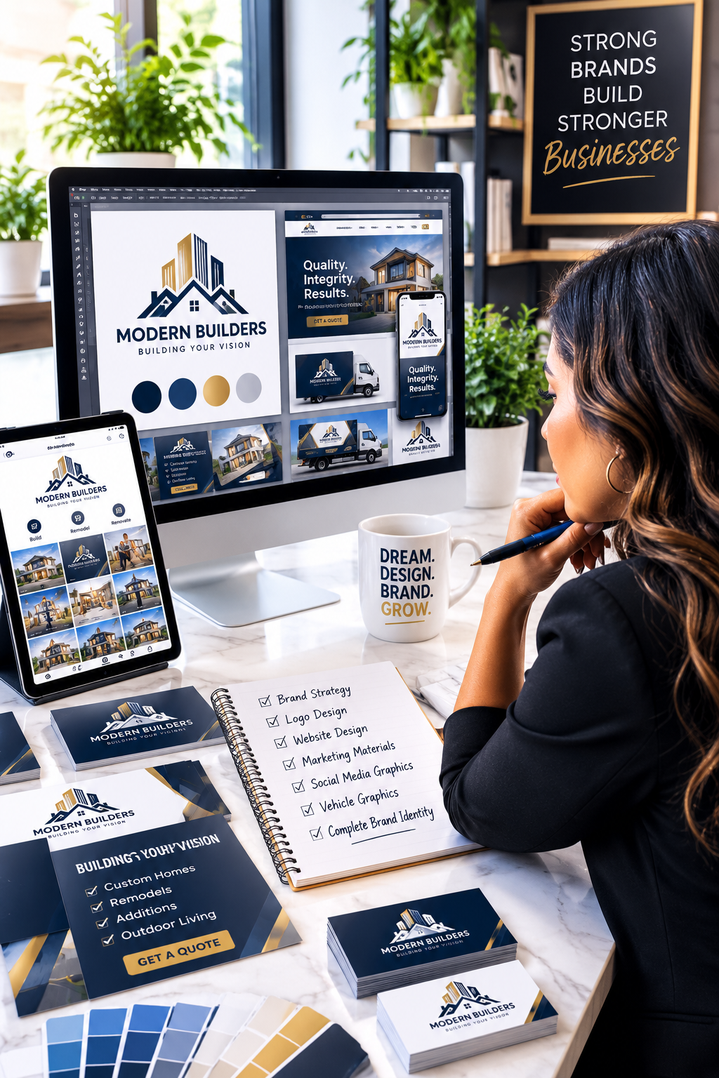 Professional branding and graphic design process showing strategy, logo development, design refinement, and brand launch through a collaborative creative workflow.
