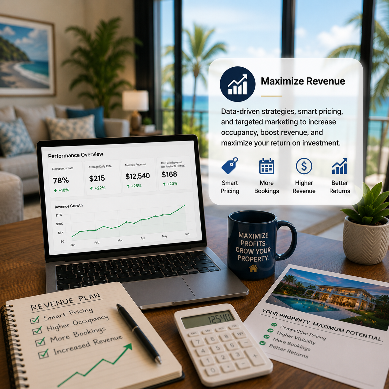 Short-term rental revenue strategy using pricing optimization and marketing to increase occupancy, bookings, and profitability.