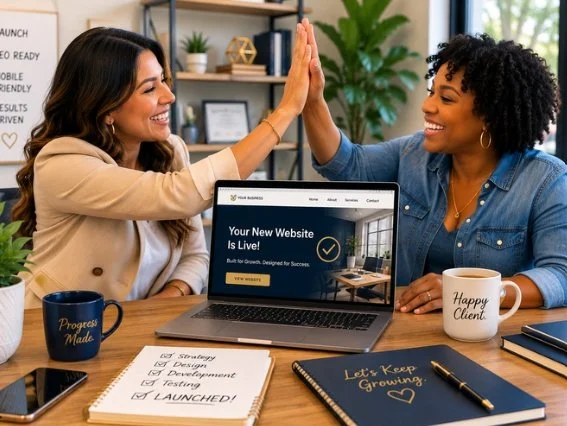 Professional team celebrating a successful website launch while providing ongoing support to help businesses grow and succeed online.