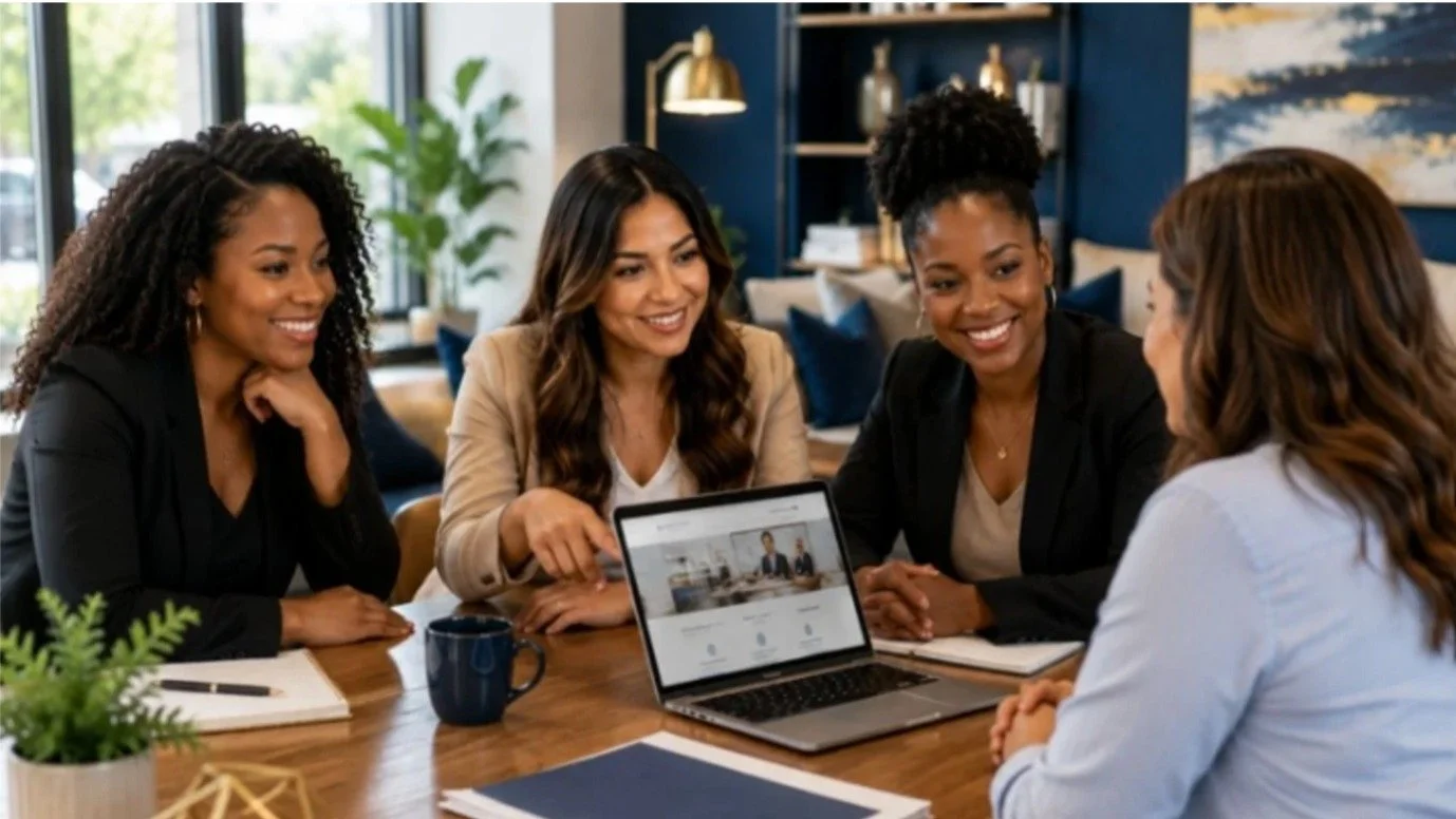 Web Trending Solutions providing website design and SEO services to small business owners during a collaborative strategy meeting