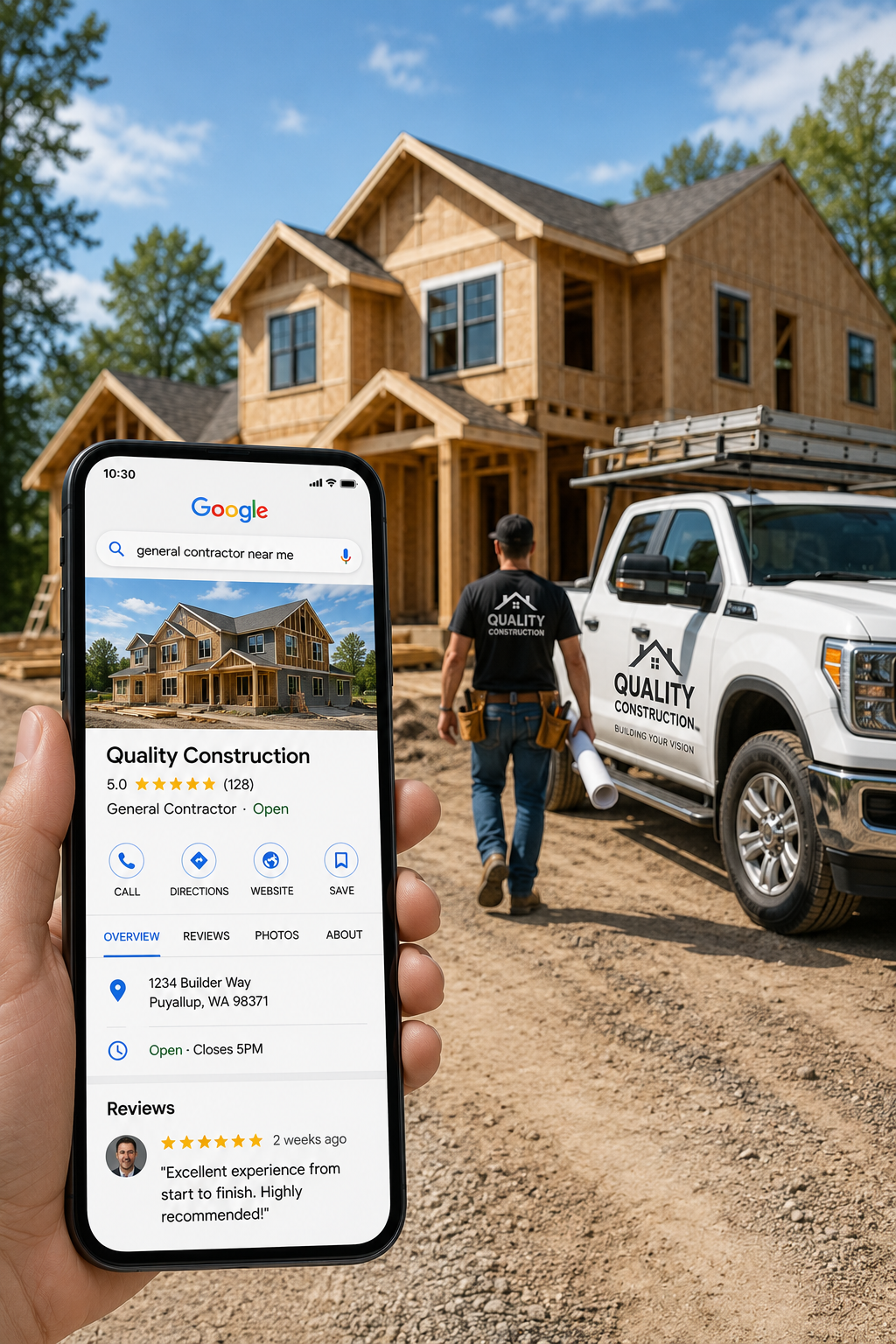 A homeowner searches Google for a trusted general contractor while viewing an optimized Google Business Profile with reviews, photos, and business information, demonstrating how local search optimization helps contractors attract more customers.