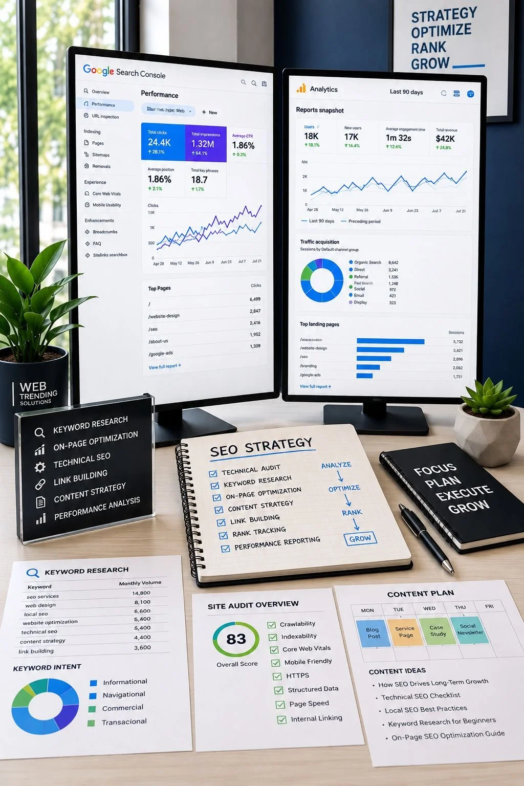 SEO services in Tacoma and Pierce County by Web Trending Solutions using keyword research, technical SEO, analytics, and performance tracking.