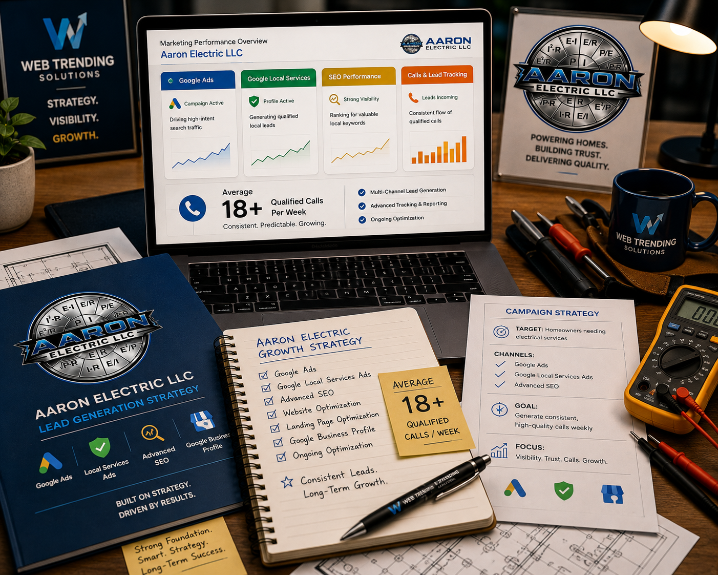 Custom lead generation strategy for Aaron Electric combining Google Ads, Local Services Ads, advanced SEO, website optimization, and Google Business Profile management.