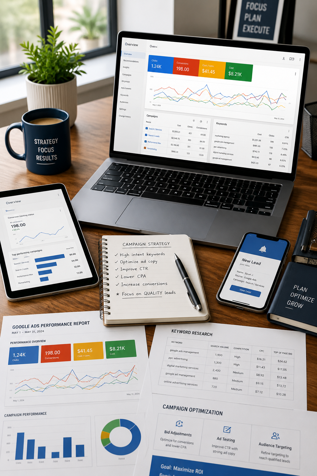 Professional PPC campaign management workspace featuring advertising performance reports, keyword research, campaign optimization, and conversion analytics designed to improve lead generation and return on investment.