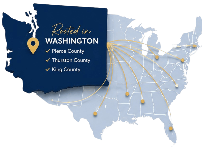 Map of the United States with highlighted regions of Washington, including Pierce County, Thurston County, and King County, showing connections to various locations across the country.