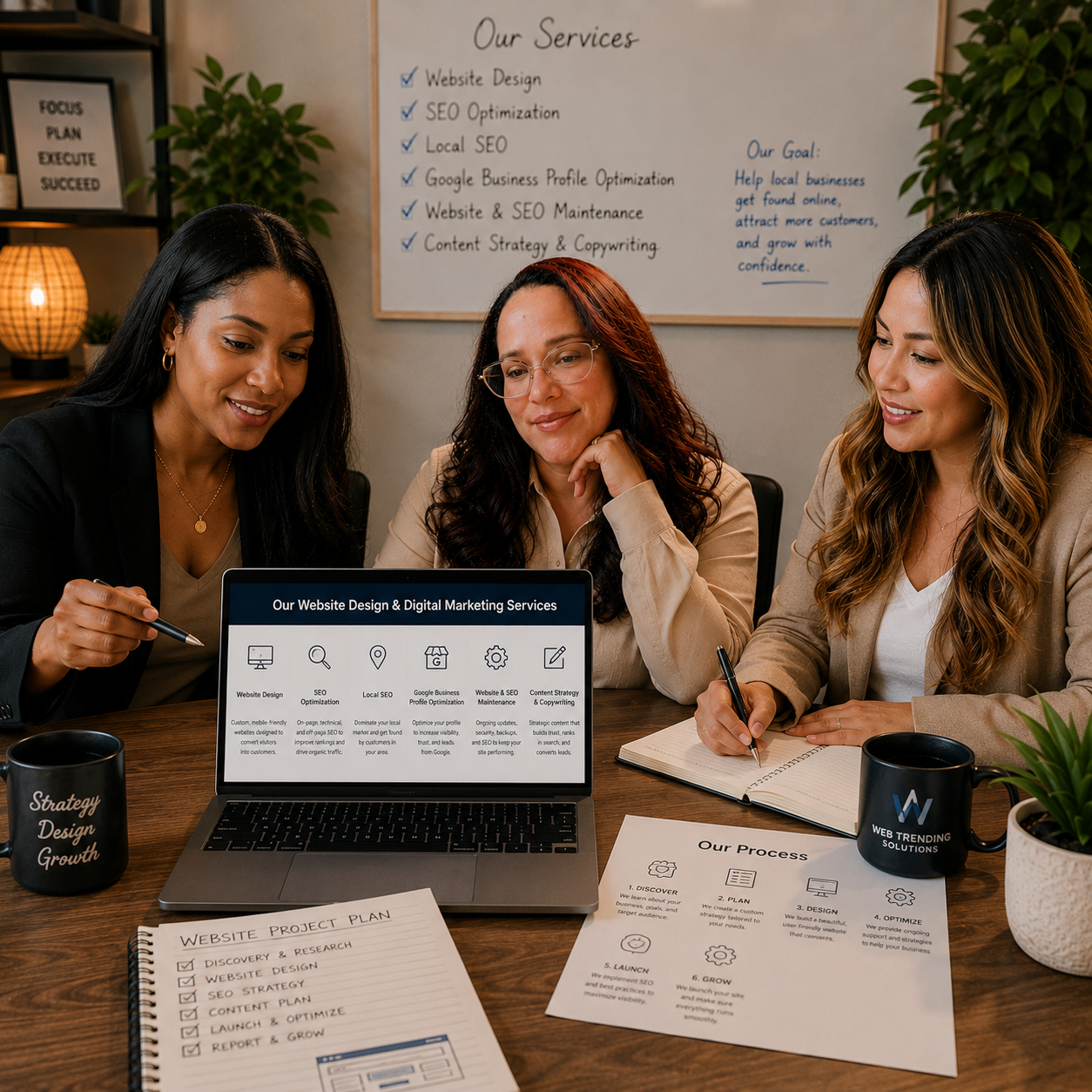 Web Trending Solutions team meeting to plan custom website design, SEO strategies, Google Business Profile optimization, and digital marketing solutions for local businesses.