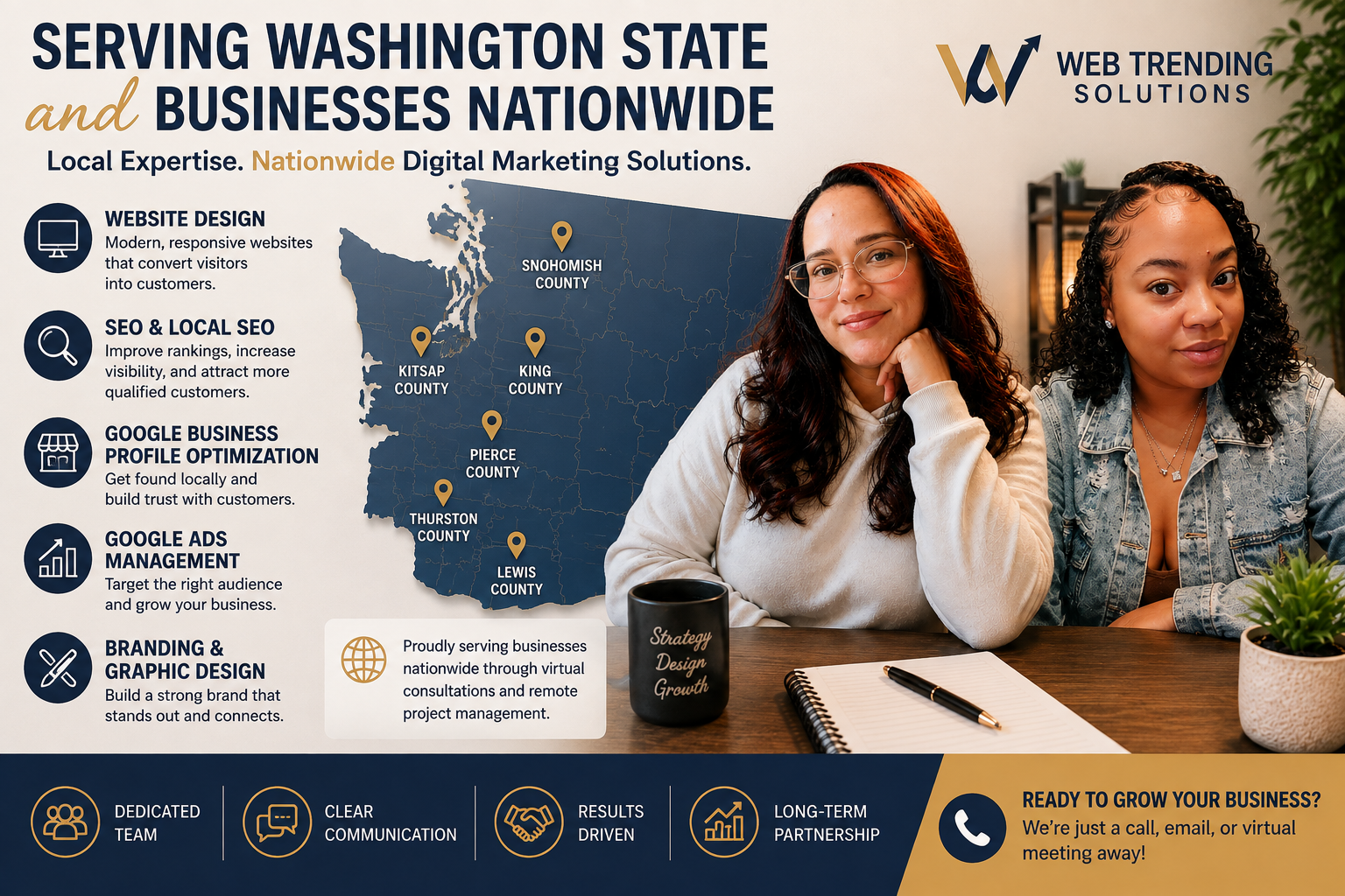 Web Trending Solutions marketing consultants helping businesses with website design, SEO, branding, Google Business Profile optimization, and digital marketing nationwide.