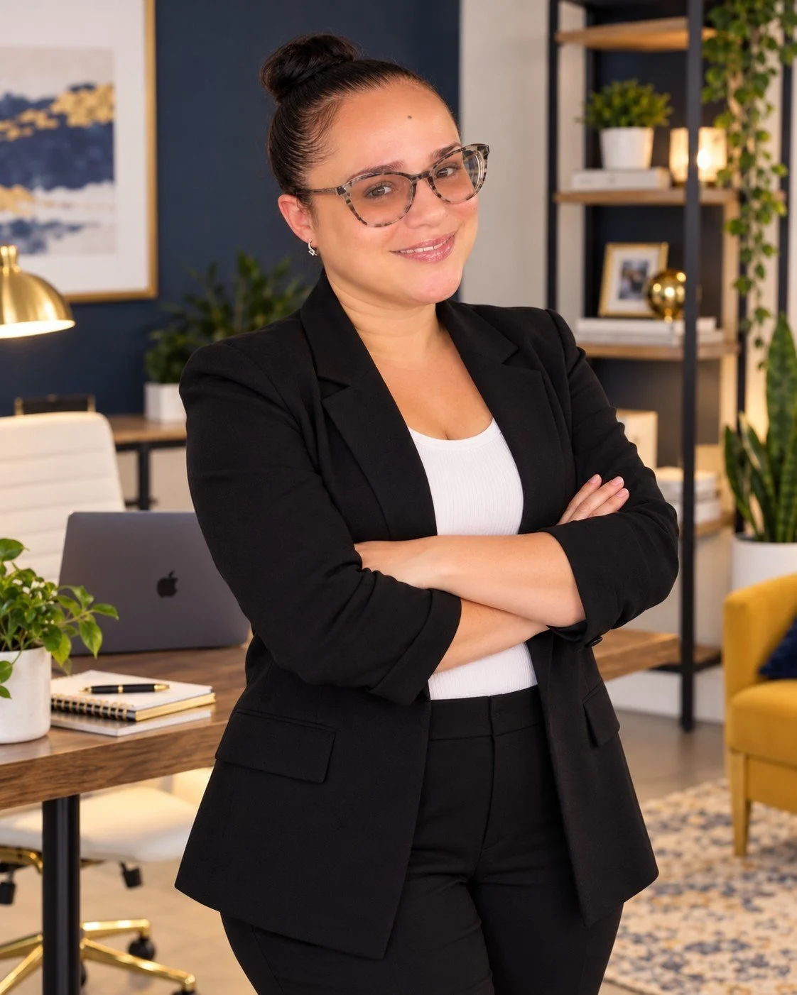 Anna, owner of Web Trending Solutions in Lacey, WA, stands with arms crossed in a modern office setting with a laptop behind her.