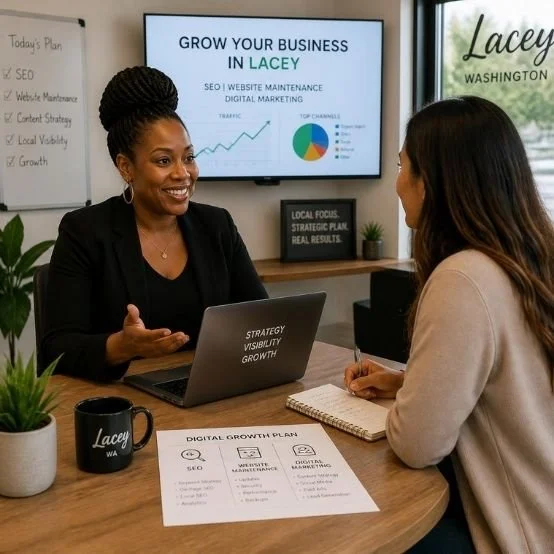 Business owner and Web Trending Solutions representative collaborating during a strategy meeting to support long-term digital marketing success in Tacoma.