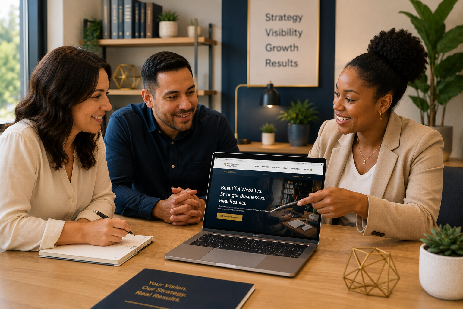 Professional website design consultation with a small business owner reviewing a custom website strategy with an experienced web design team.