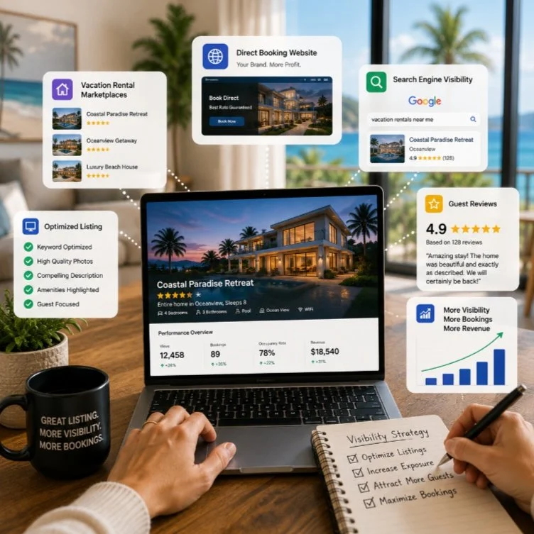 Direct booking optimization in Tacoma WA by Web Trending Solutions featuring improved Google visibility, optimized listings, guest reviews, and increased reservations.