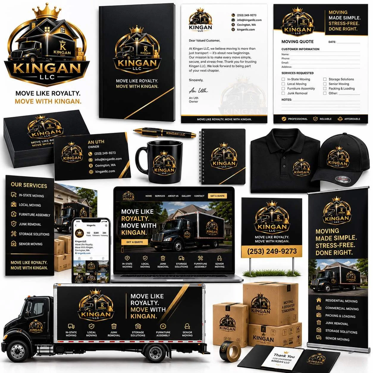 Business branding services in Lakewood and Pierce County by Web Trending Solutions featuring Kingan LLC print, vehicle, website, and marketing materials.