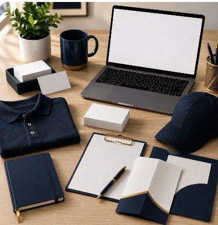 Professional branding and graphic design workspace featuring custom business cards, apparel, folders, and marketing materials for growing businesses.