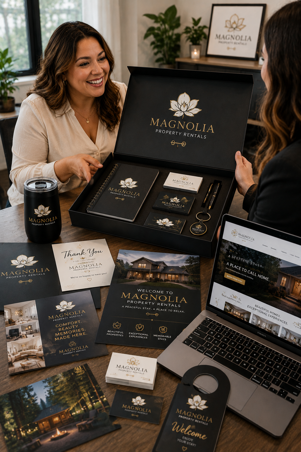 Branding package presentation services showcasing a complete brand identity with website, business cards, brochures, stationery, and marketing materials presented to the owner of Magnolia Property Rentals.