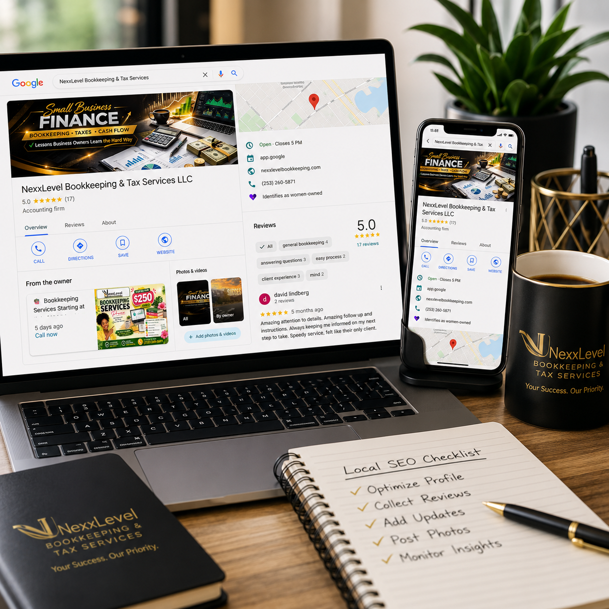 NexxLevel Bookkeeping & Tax Services Google Business Profile displayed on a laptop and smartphone, demonstrating local SEO optimization, customer reviews, business information, and online visibility.