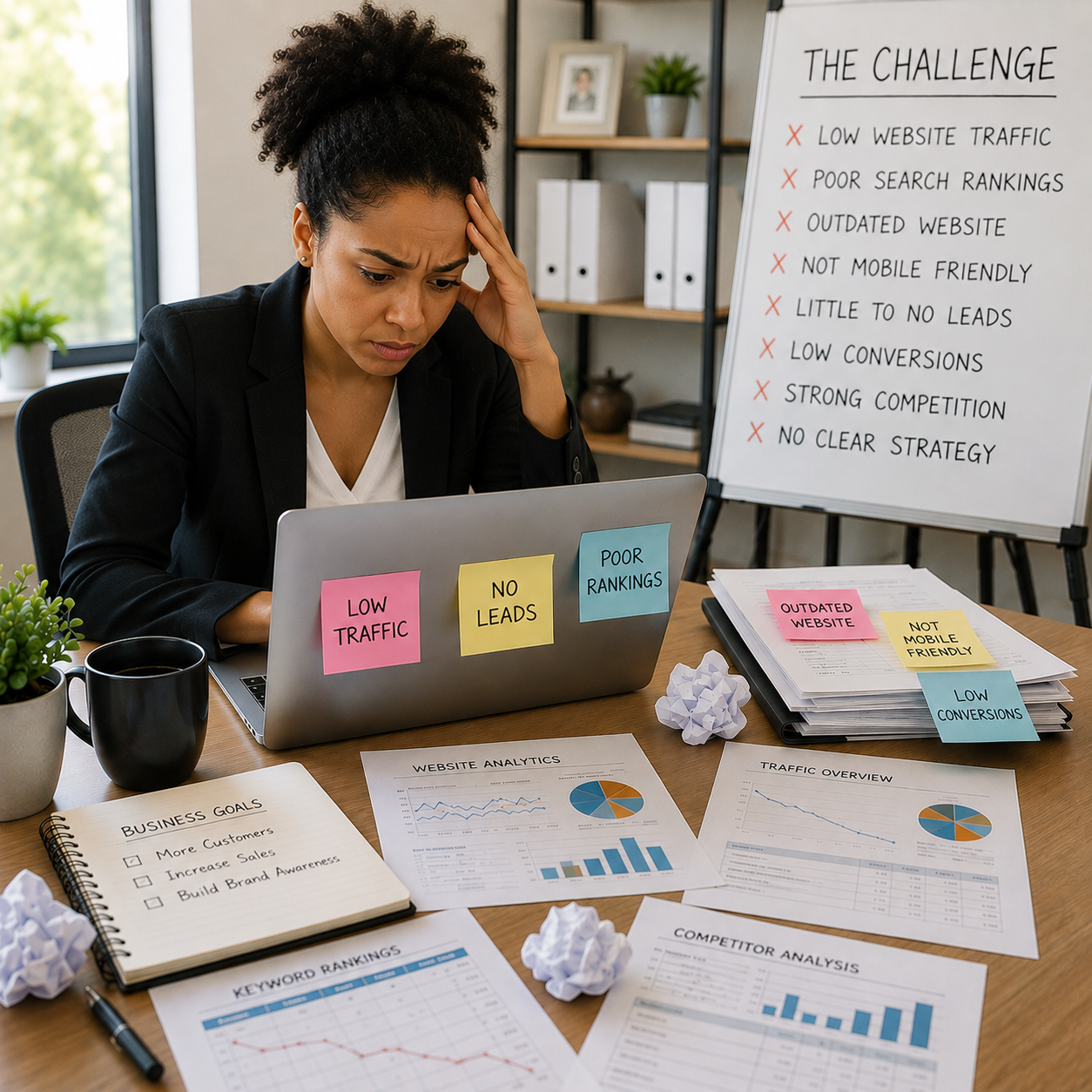 Business owner facing website, SEO, and online marketing challenges before working with Web Trending Solutions in Lacey, Washington.