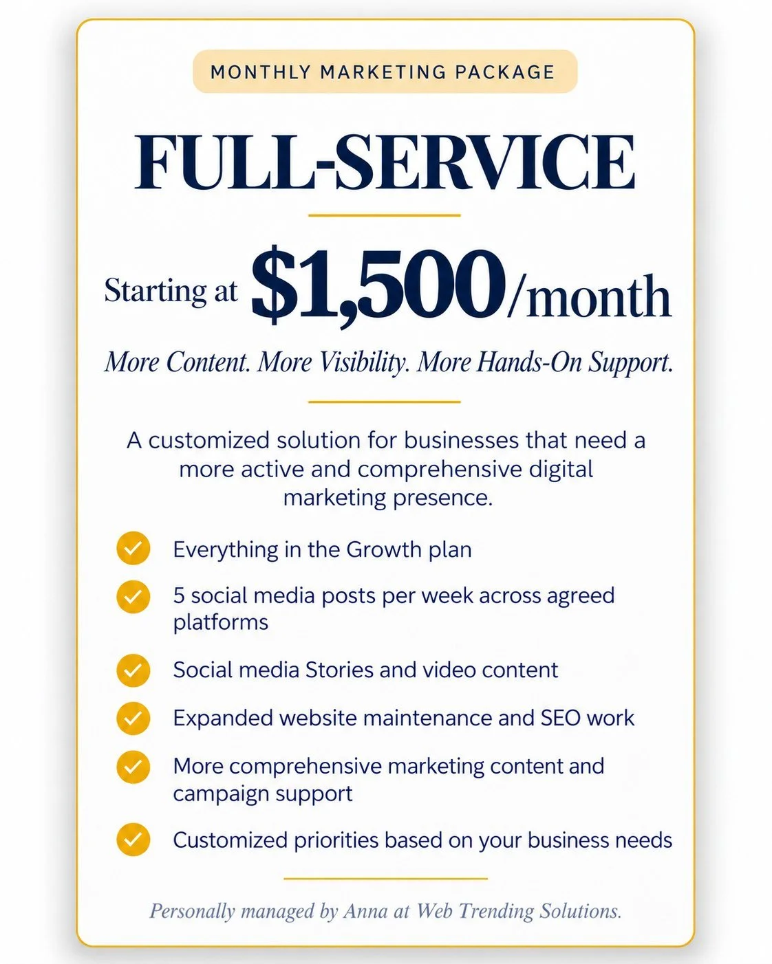 Full-Service marketing package by Web Trending Solutions: from $1,500 per month for website care, SEO, video and social media.