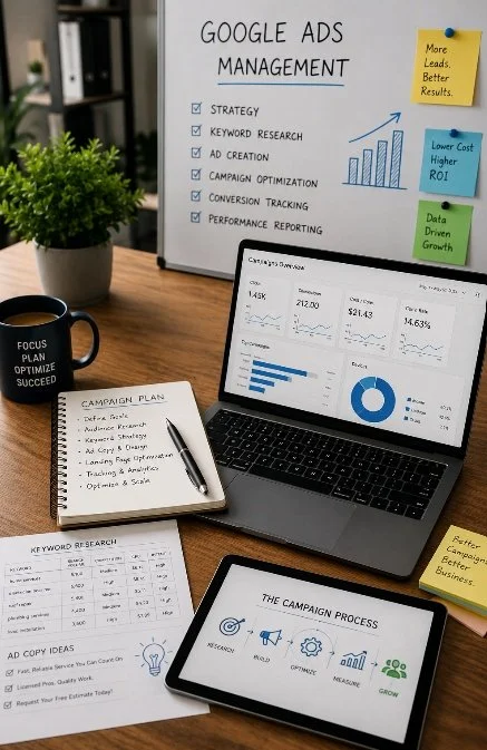Google Ads management in Olympia and Thurston County by Web Trending Solutions featuring keyword research, campaign optimization, conversion tracking, and ROI reporting.