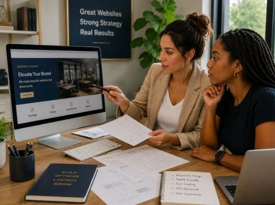 Development team reviewing responsive website layouts, optimizing performance, and preparing a secure, mobile-friendly digital experience.