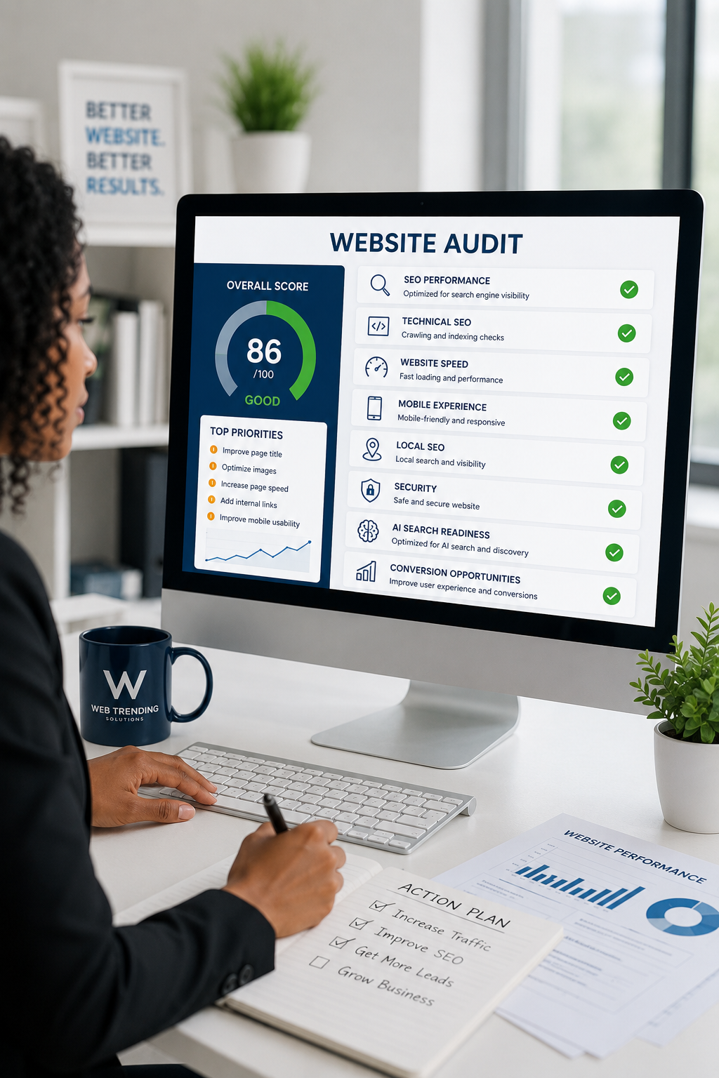 Professional reviewing a website audit dashboard with SEO, speed, technical analysis, and performance insights to improve Google rankings and website results.