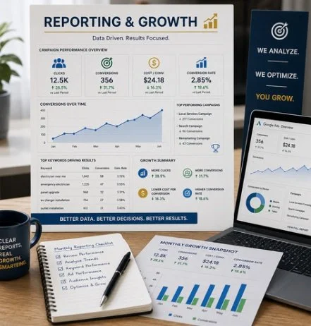Google Ads reporting in Tacoma WA by Web Trending Solutions tracking campaign performance, conversions, cost per lead, and data-driven business growth.