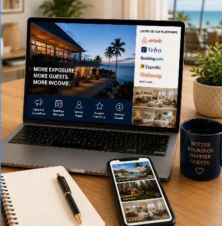 Vacation rental marketing and co-hosting workspace featuring multi-platform property listings and guest booking management.