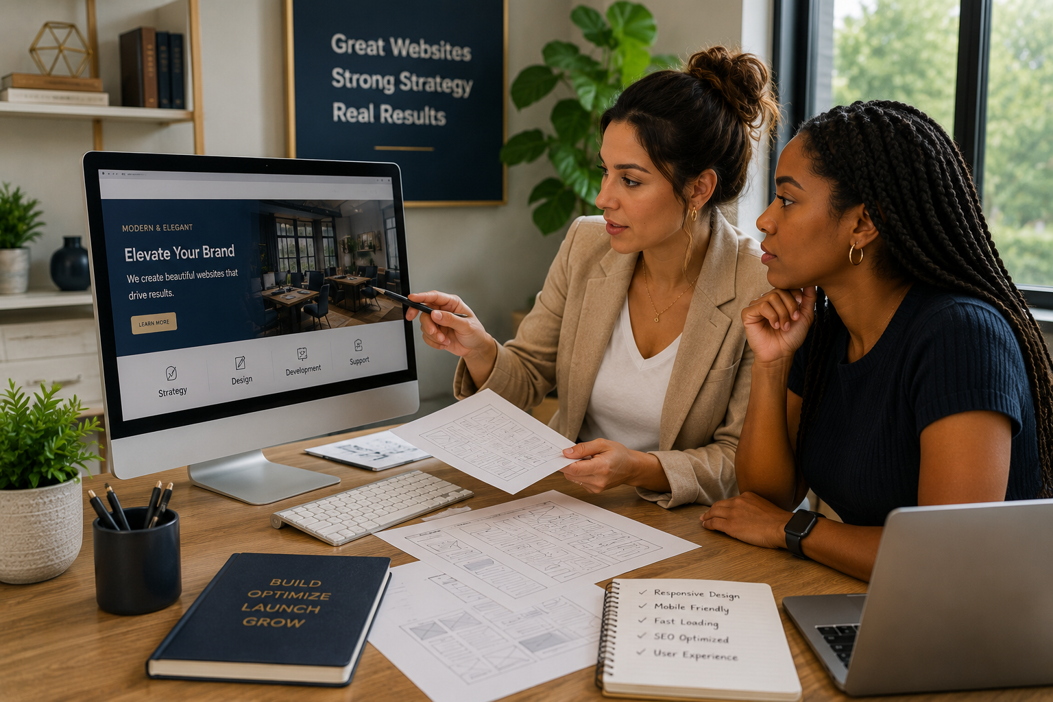 Development team reviewing responsive website layouts, optimizing performance, and preparing a secure, mobile-friendly digital experience.