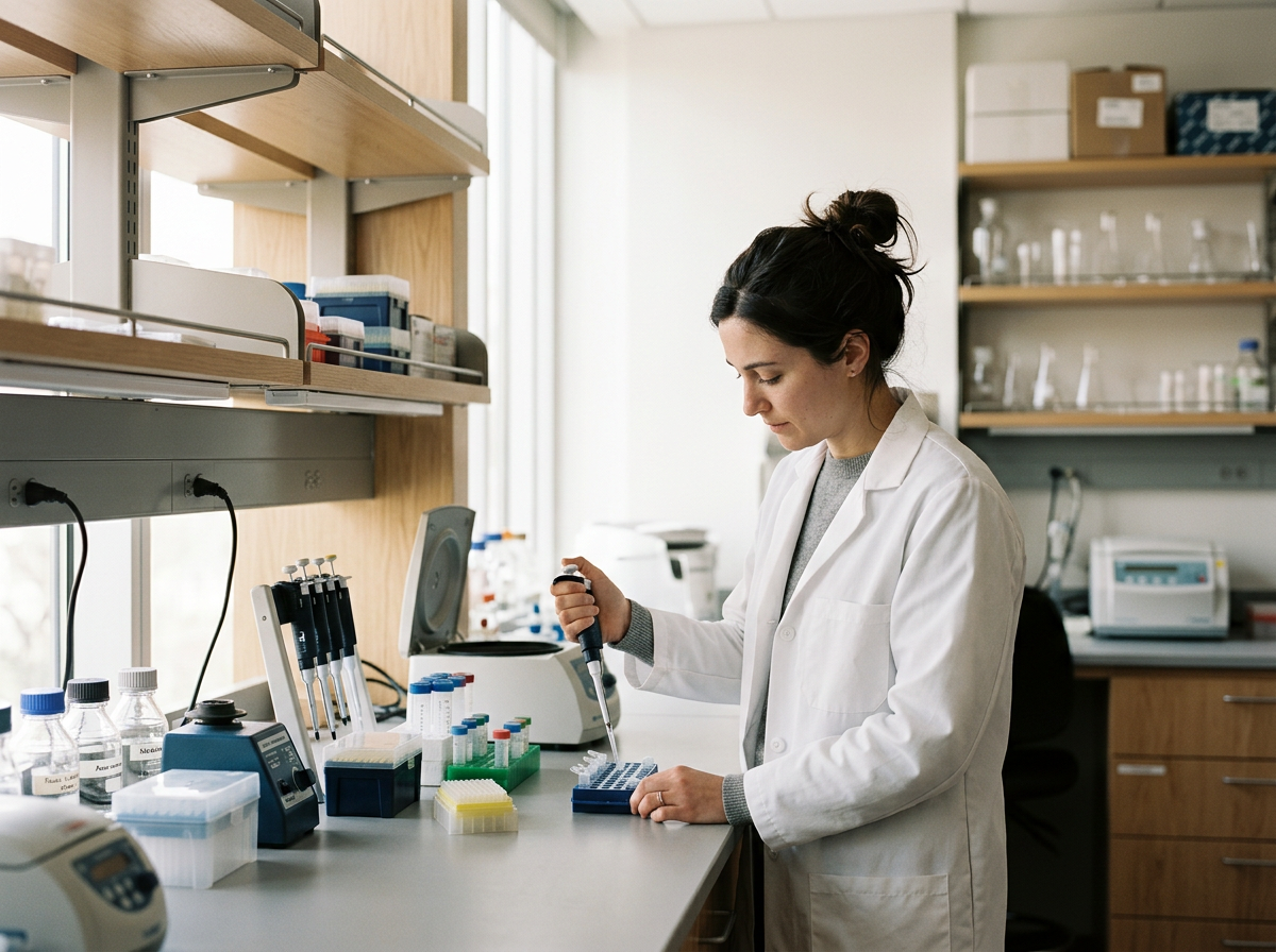 A female scientist working in a laboratory, using a pipette with test tubes and laboratory equipment on the bench.