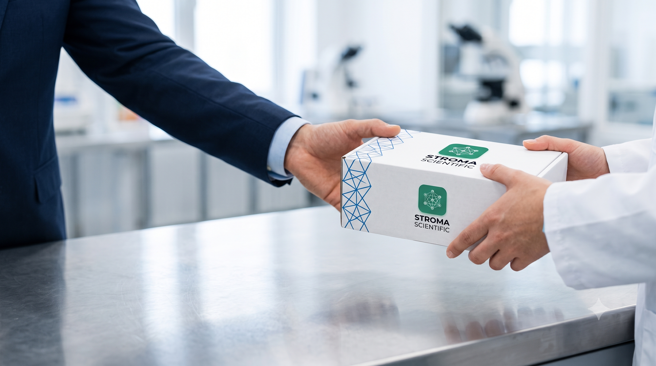 Person in a suit handing a box labeled 'STROMA SCIENTIFIC' to another person in a white coat in a laboratory setting.