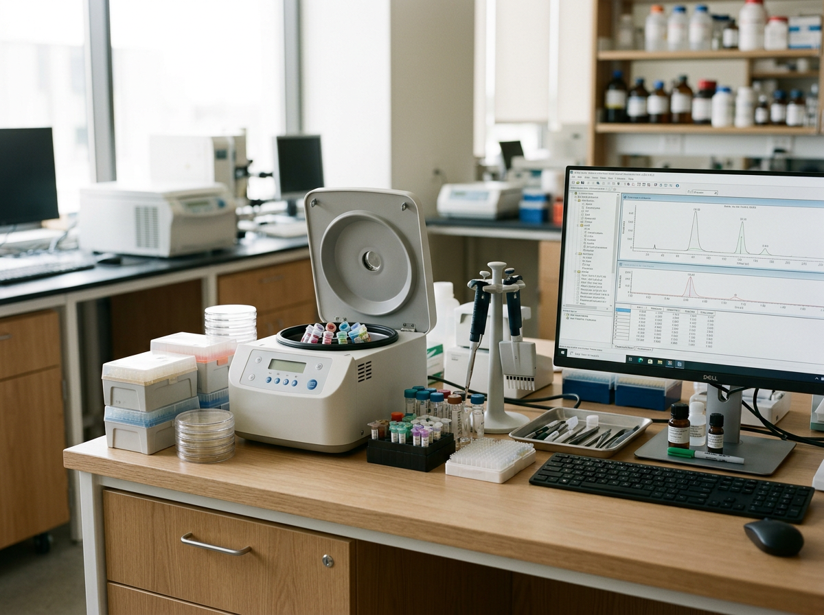 Laboratory workspace with scientific equipment, test tubes, pipettes, a computer with data charts, and storage bottles on shelves.
