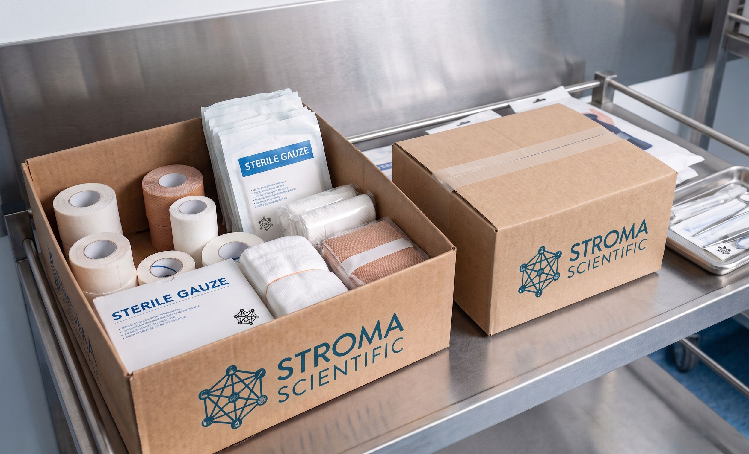 Boxes containing sterile gauze and medical supplies on a stainless steel medical tray.