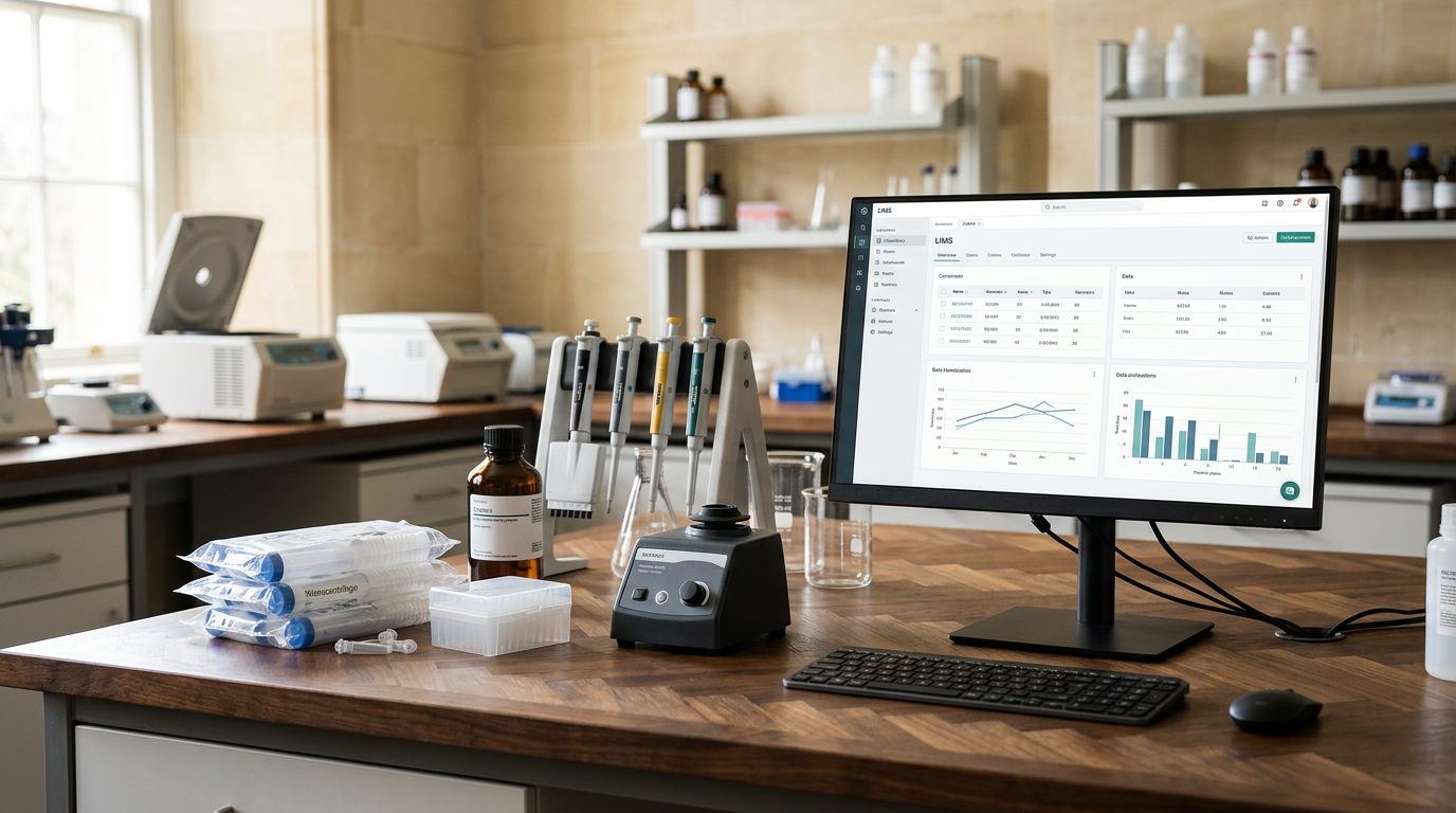 Laboratory with various equipment including test tubes, a computer monitor displaying a data dashboard, a keyboard and mouse, and bottles, with shelves and windows in the background
