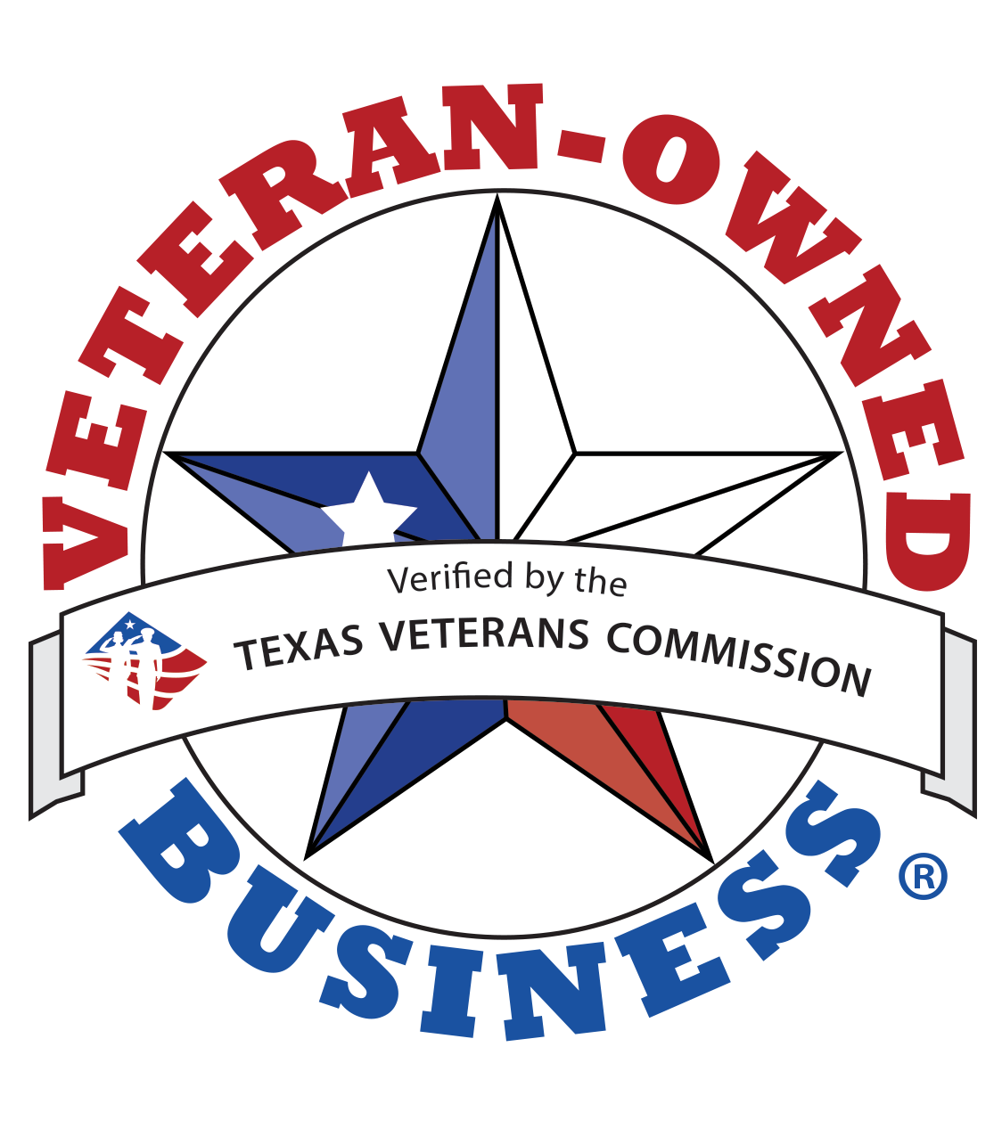 A badge with a black and white star, a blue star, and an American flag emblem with the text "Verified by the Texas Veterans Commission" on a white banner.