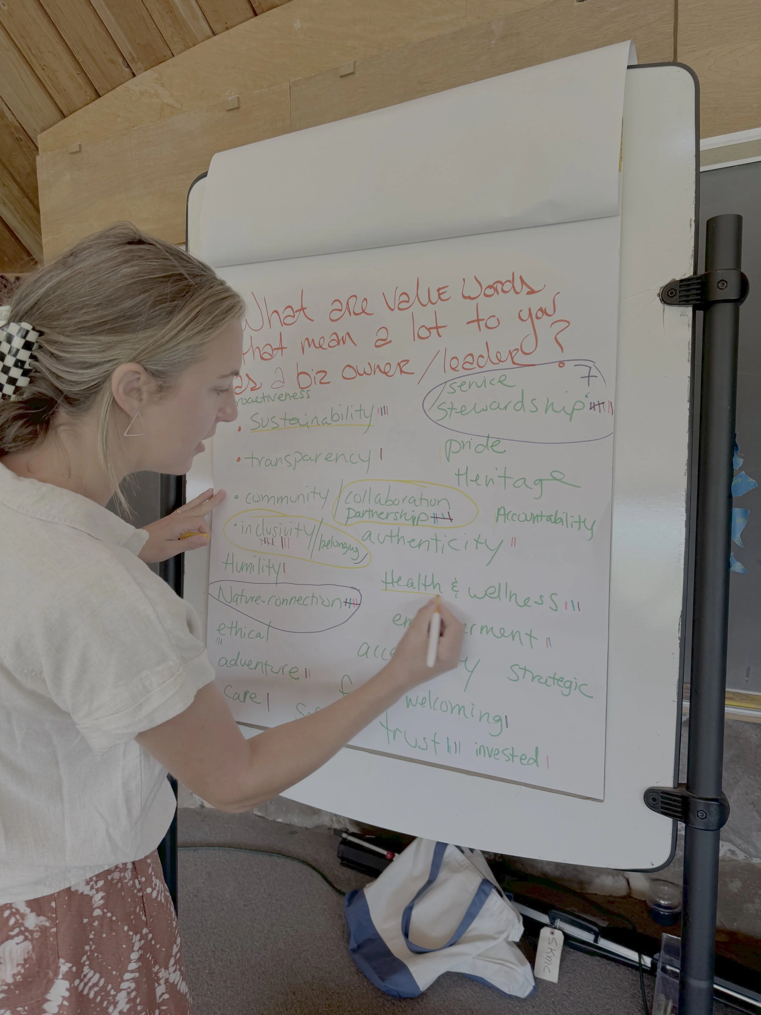 A woman standing and writing on a large whiteboard with colorful markers. The whiteboard contains words and phrases related to values and leadership topics. The setting appears to be indoors with a wooden ceiling and a backpack and water bottle on the ground nearby.