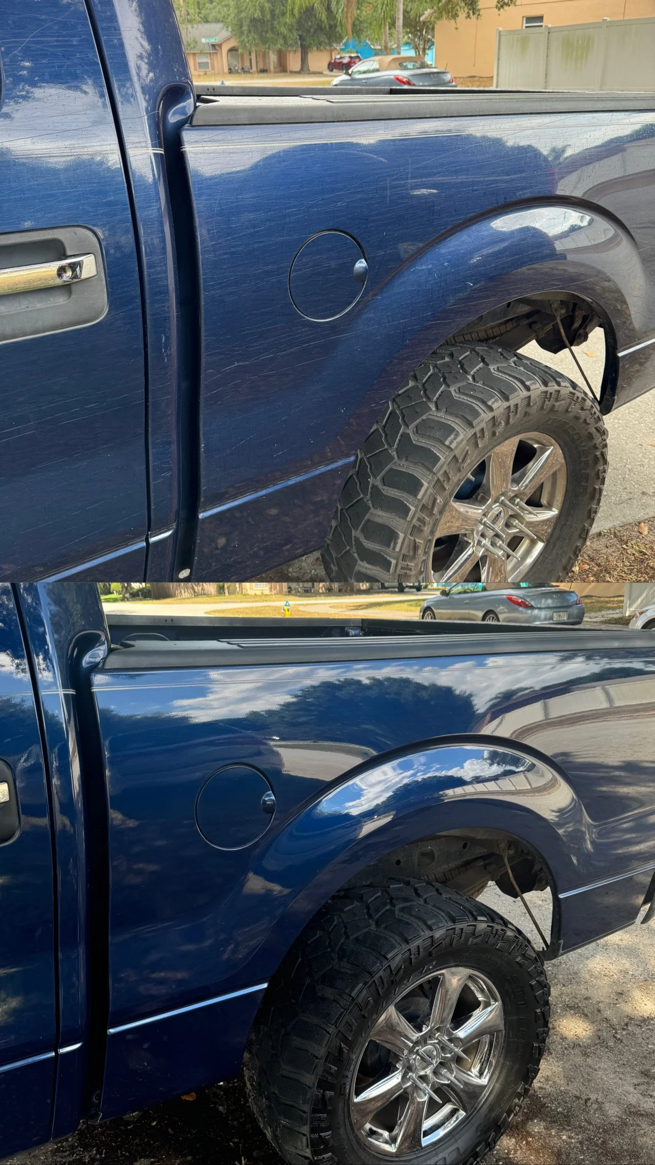 Side view of a blue pickup truck with the front and rear doors closed, showing the differences in wheel and tire condition. The front tire is new and shiny with a larger tread pattern, while the rear tire is older and worn out. The background shows a