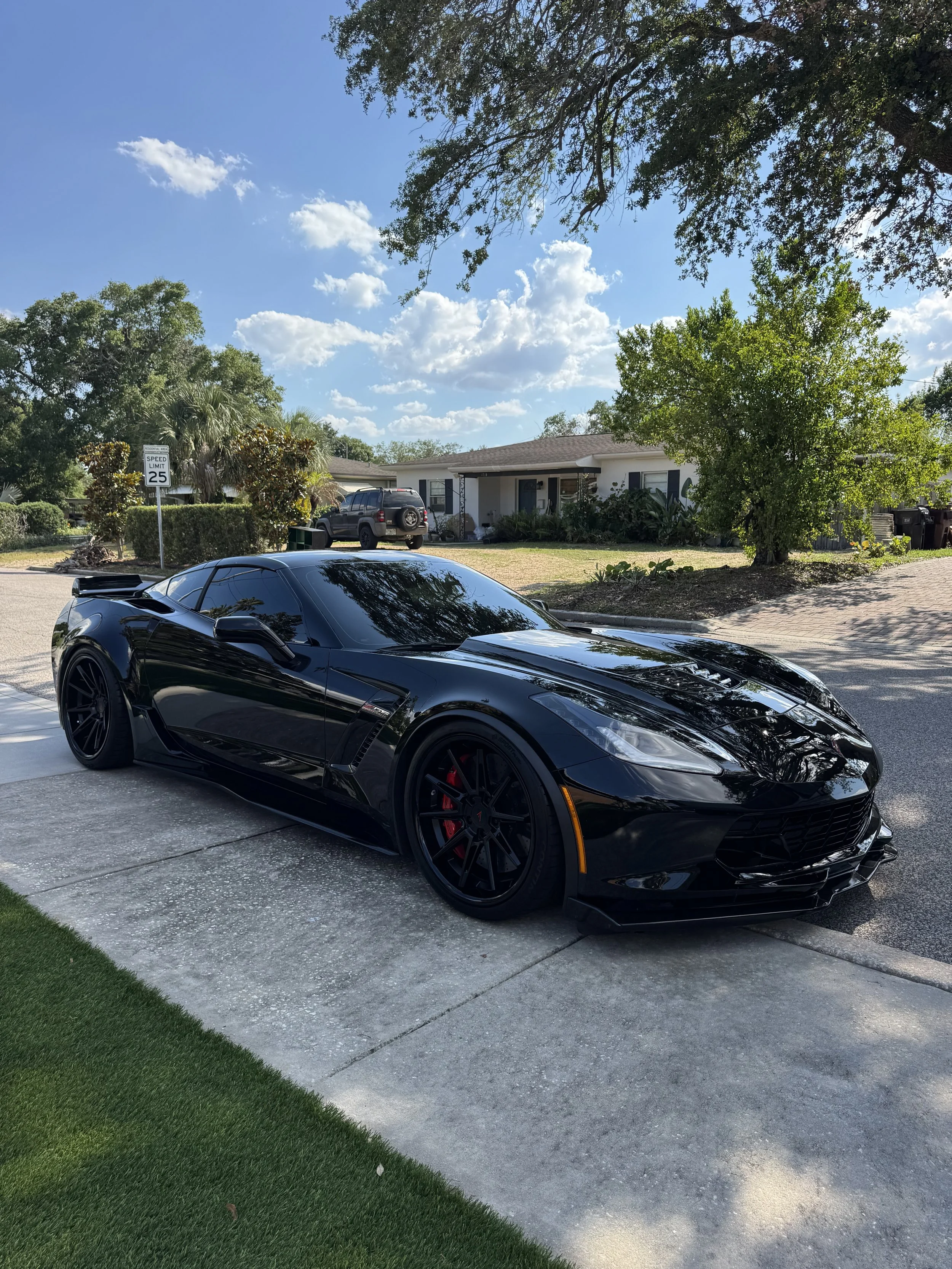 Black sports car parked on driveway in front of a house with green trees and a blue sky with clouds.