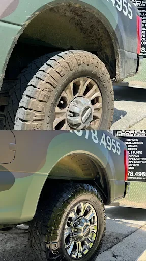Comparison of a dirty, muddy tire and a clean, shiny tire on a vehicle.