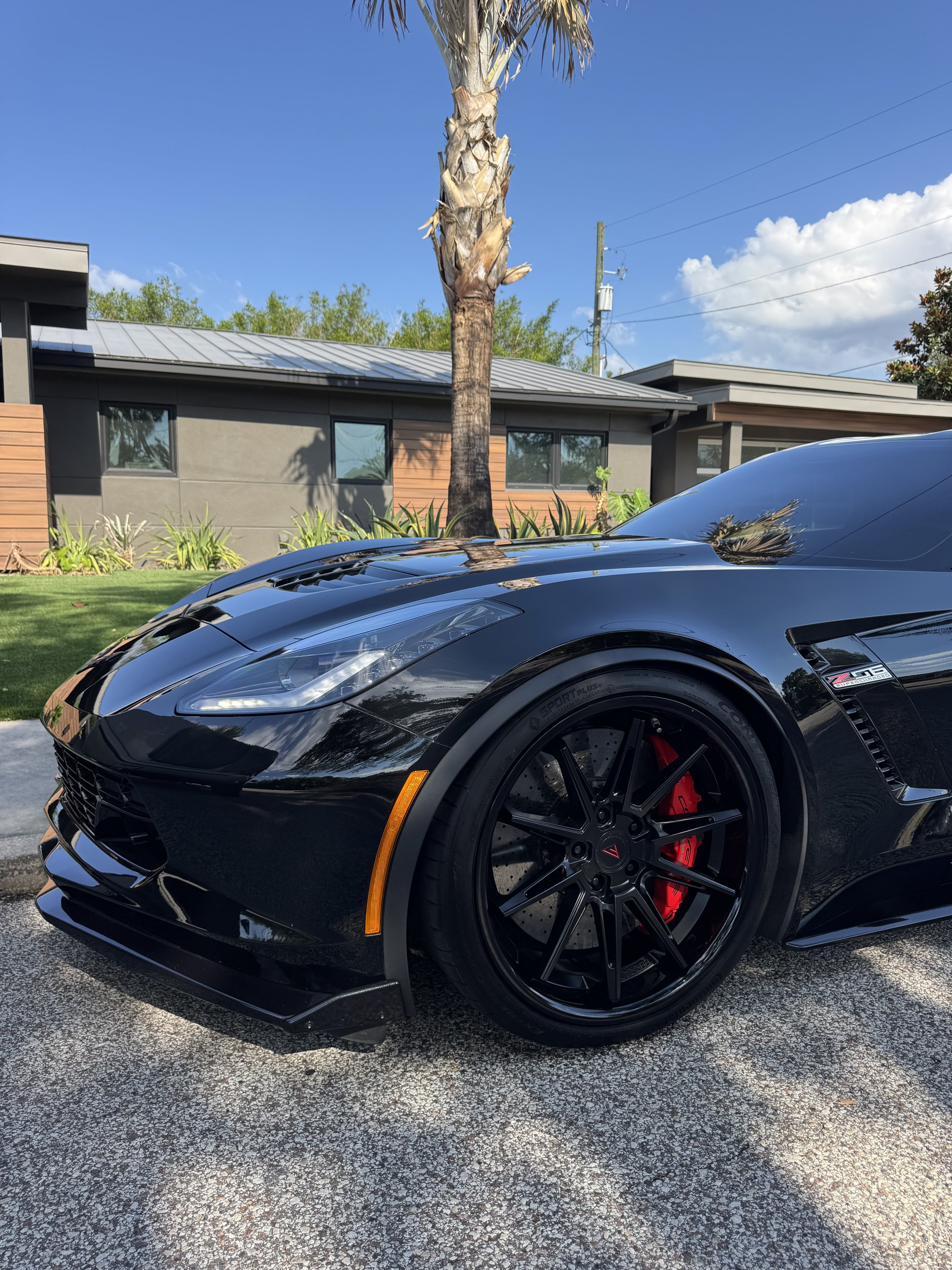 Close-up of a sleek black sports car with tinted windows and large black rims with red brake calipers, parked on a textured asphalt driveway in front of a modern house with a palm tree and clear blue sky in the background.