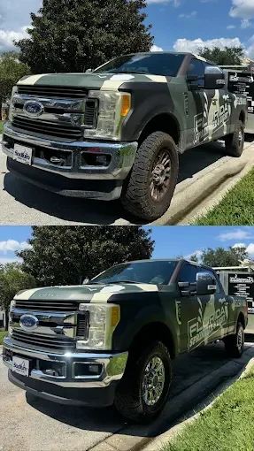 A camouflaged Ford pickup truck parked on a street, showing before and after images of a vehicle wrap or paint job.