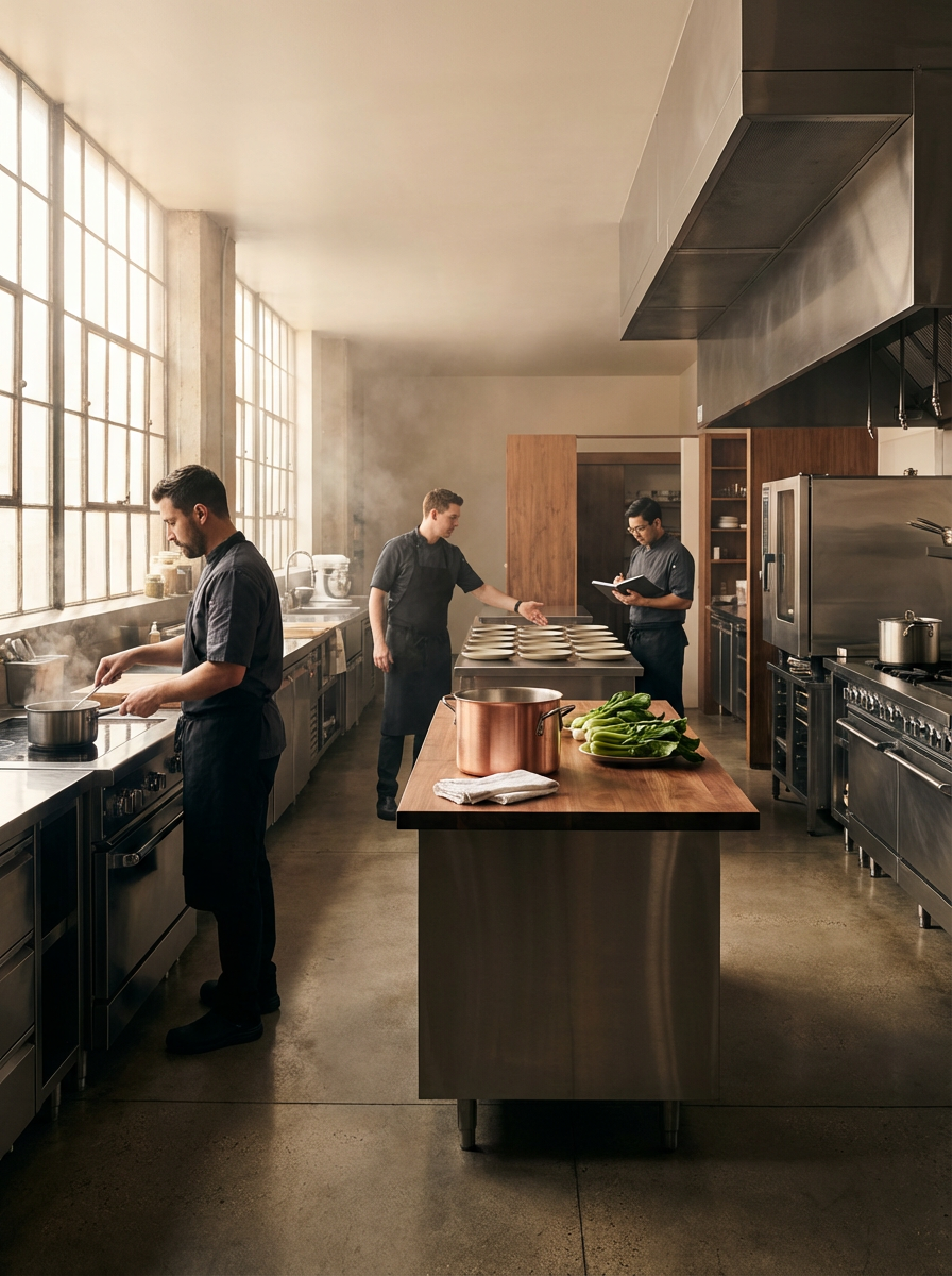 Three chefs working in a professional kitchen with large windows, stainless steel appliances, and a wooden prep table with vegetables and a copper pot.