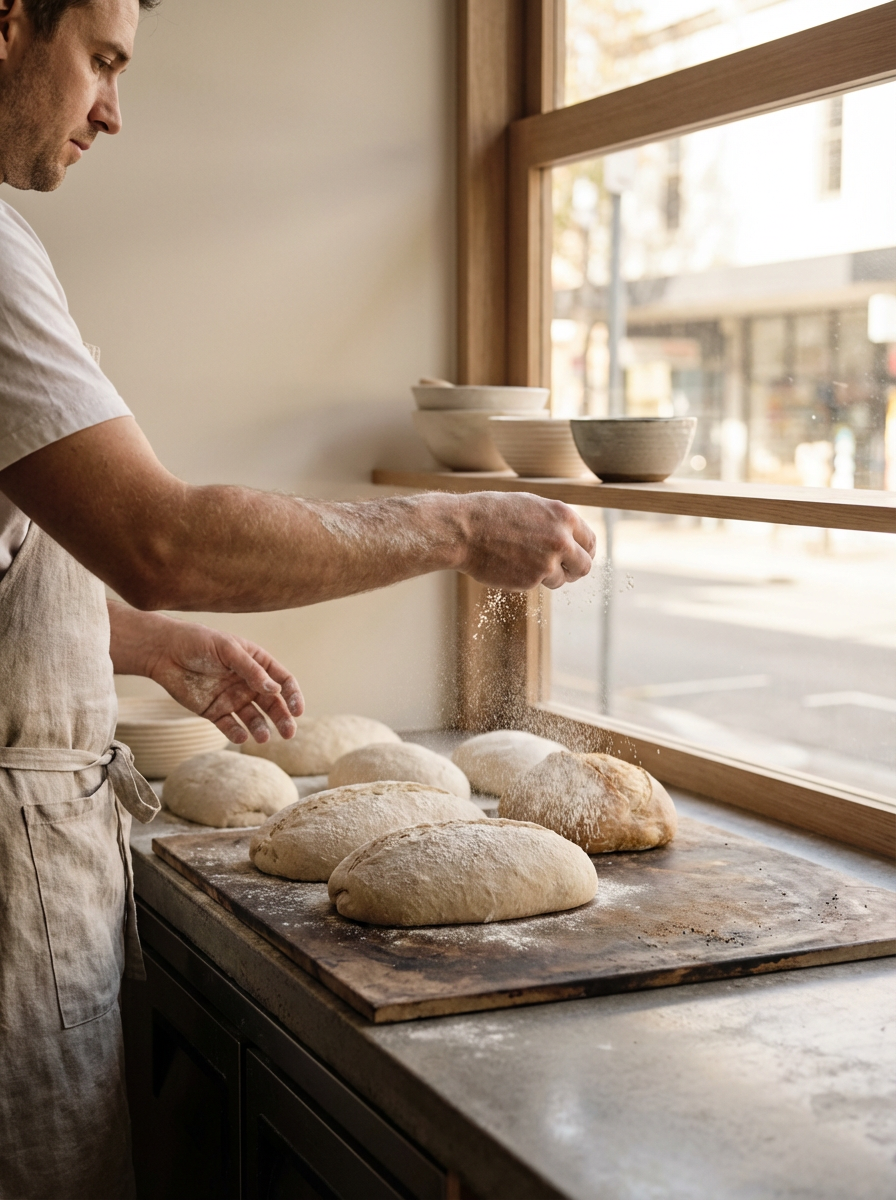 A man in a white shirt and apron sprinkling flour on dough loaves on a baking sheet in a rustic kitchen with wooden shelves and bowls, near a window with daylight outside.